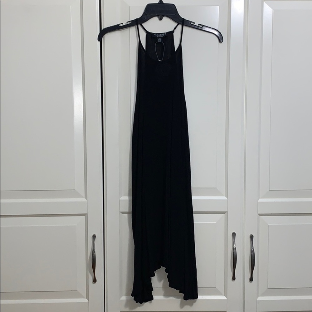 Black dress with deep side plunge